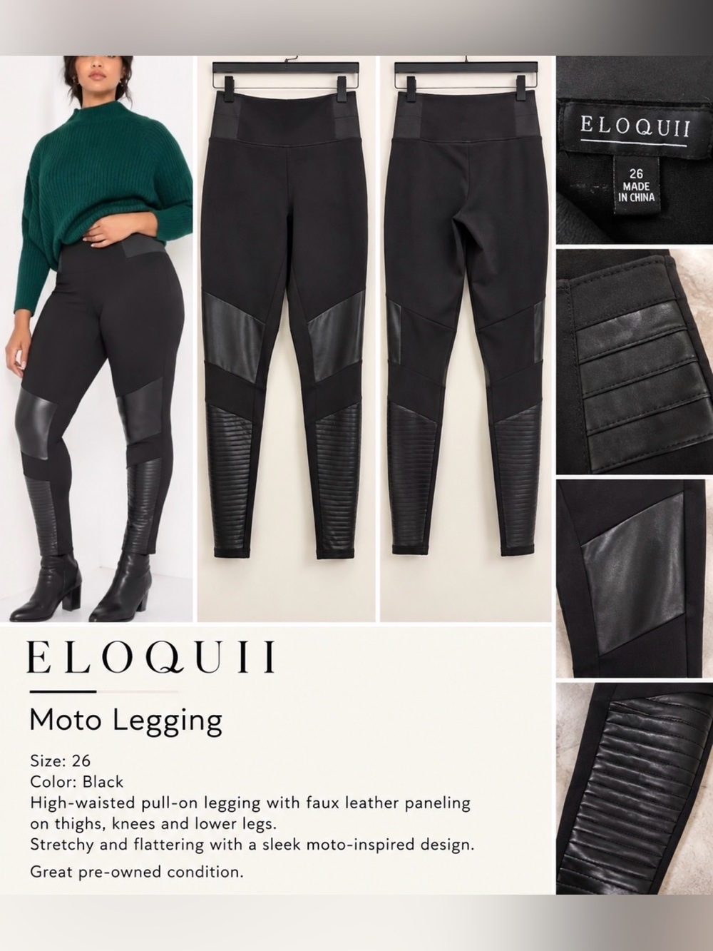 Eloquii Black Moto-Inspired Leggings with Faux Leather Panels size 26
